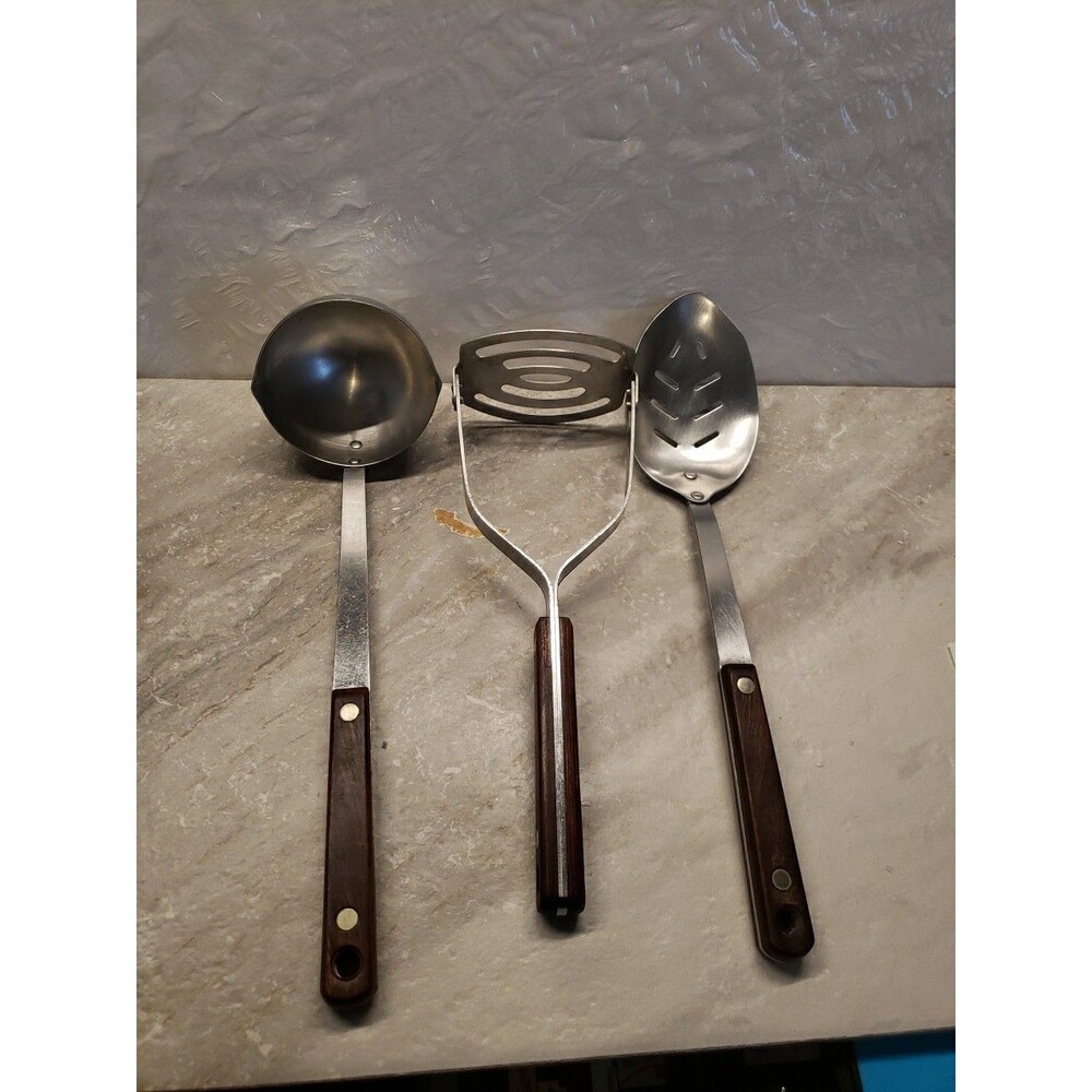 Vintage ACE Stainless Steel Kitchen Cooking Utensils Brown Handle USA Made